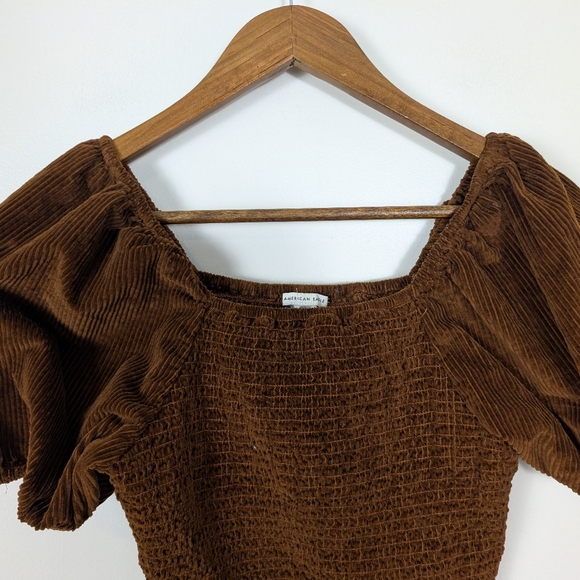 American Eagle Burnt Brown Corduroy Smocked Cropped Puff Sleeves Blouse - Picture 3 of 8